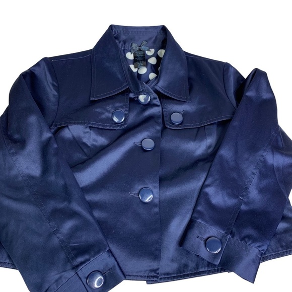 Forever 21 Navy Blue Satin Crop Jacket Polka Dot Lined Jumbo Button Machine Wash - Picture 7 of 9